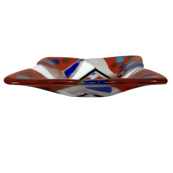 Handmade Fused Art Glass Dish – Red, Blue & White – 6” Modern Decorative Bowl - Picture 5 of 6
